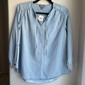 Womens PS Denim Blouse Blue Cotton Tie Neck Roll Tab Boho‎ Cottage Coastal